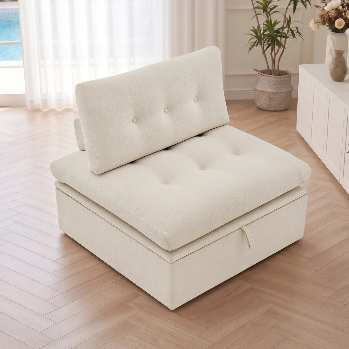 A 3/4 side angle view showing the Korser beige 1-seater modular armless single sofa chair with backrest and storage.