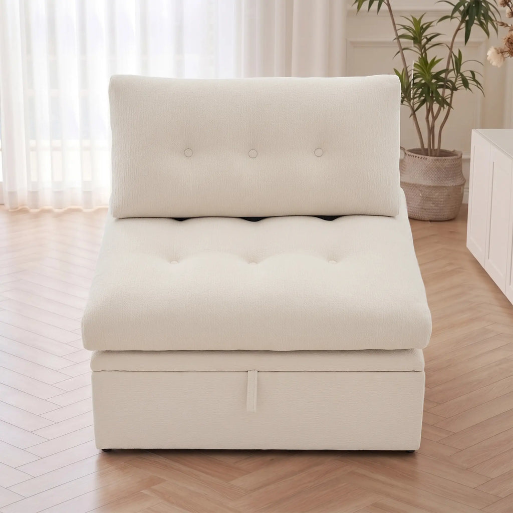 Front straight-on view of the Korser beige 1-seater modular armless single sofa chair with backrest and storage base.