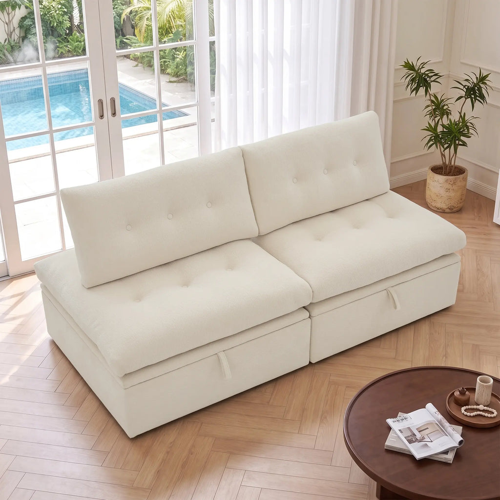 A 3/4 side angle view showing the Korser beige 2-seater modular storage loveseat sofa with backrests.