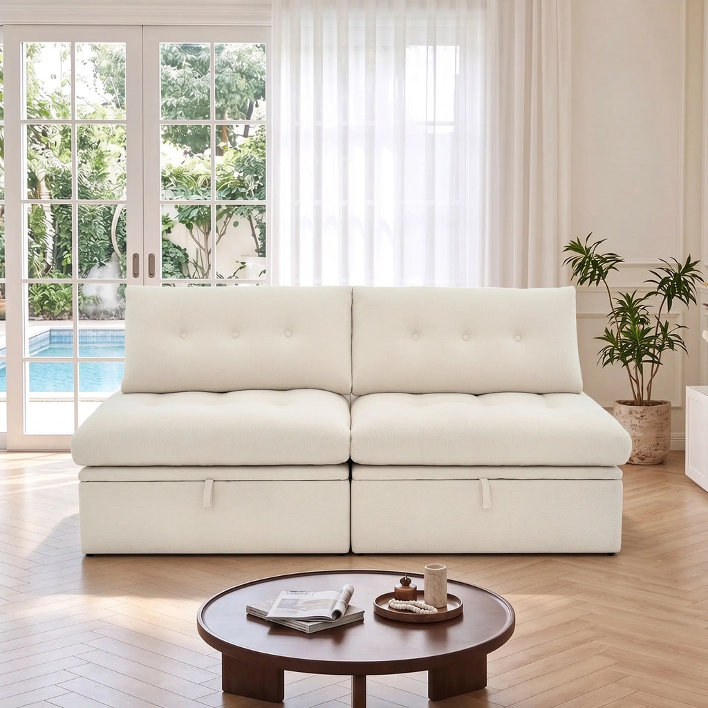Front straight-on view of the Korser beige 2-seater modular storage loveseat sofa with backrests.