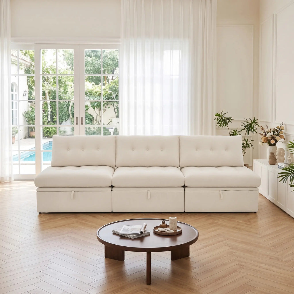 Front straight-on view of the Korser beige 3-seater straight modular storage sofa with backrests.