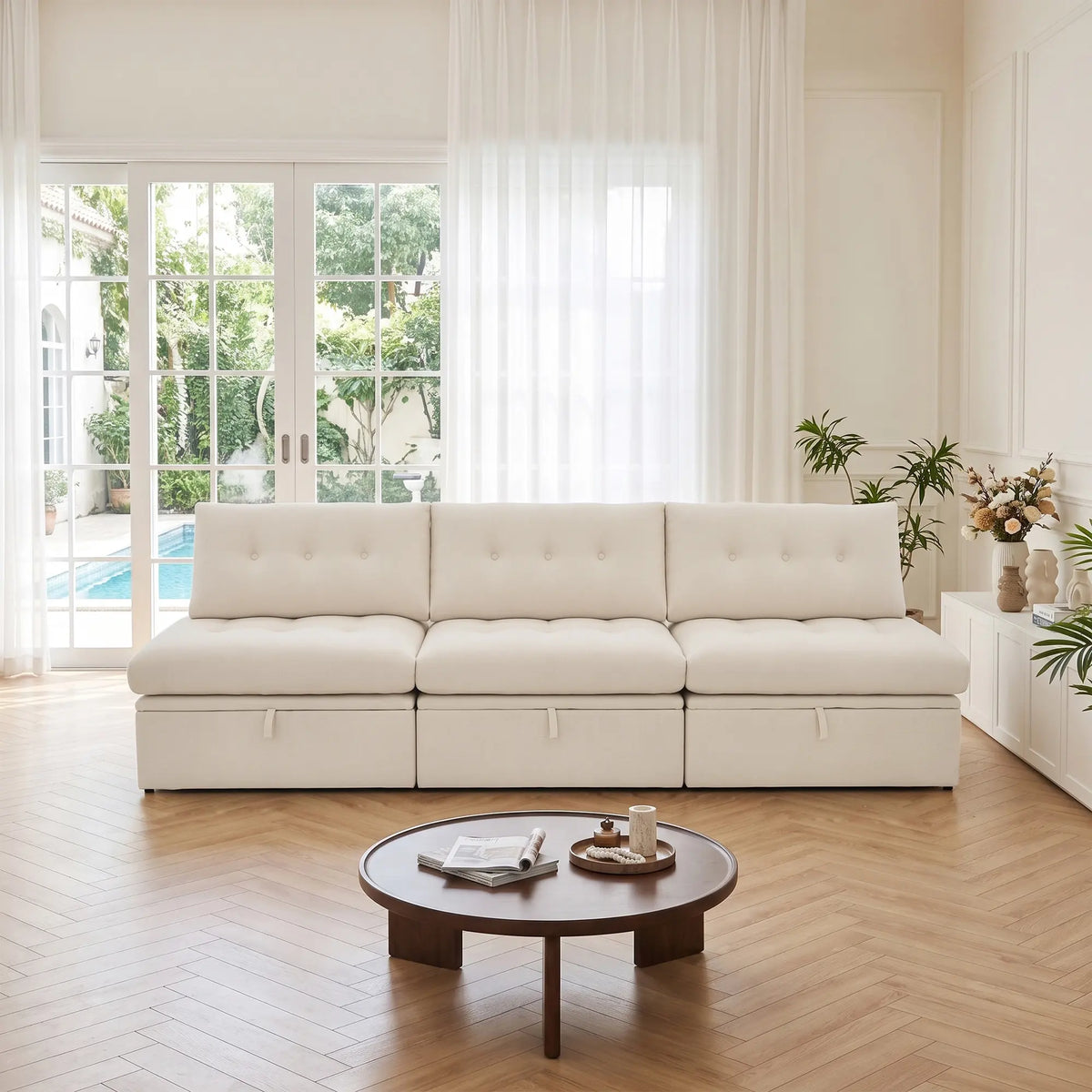 Front straight-on view of the Korser beige 3-seater straight modular storage sofa with backrests.