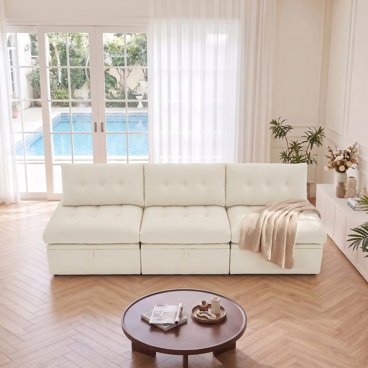 3/4 angle view of the Korser beige 3-seater straight modular storage sofa with backrests.