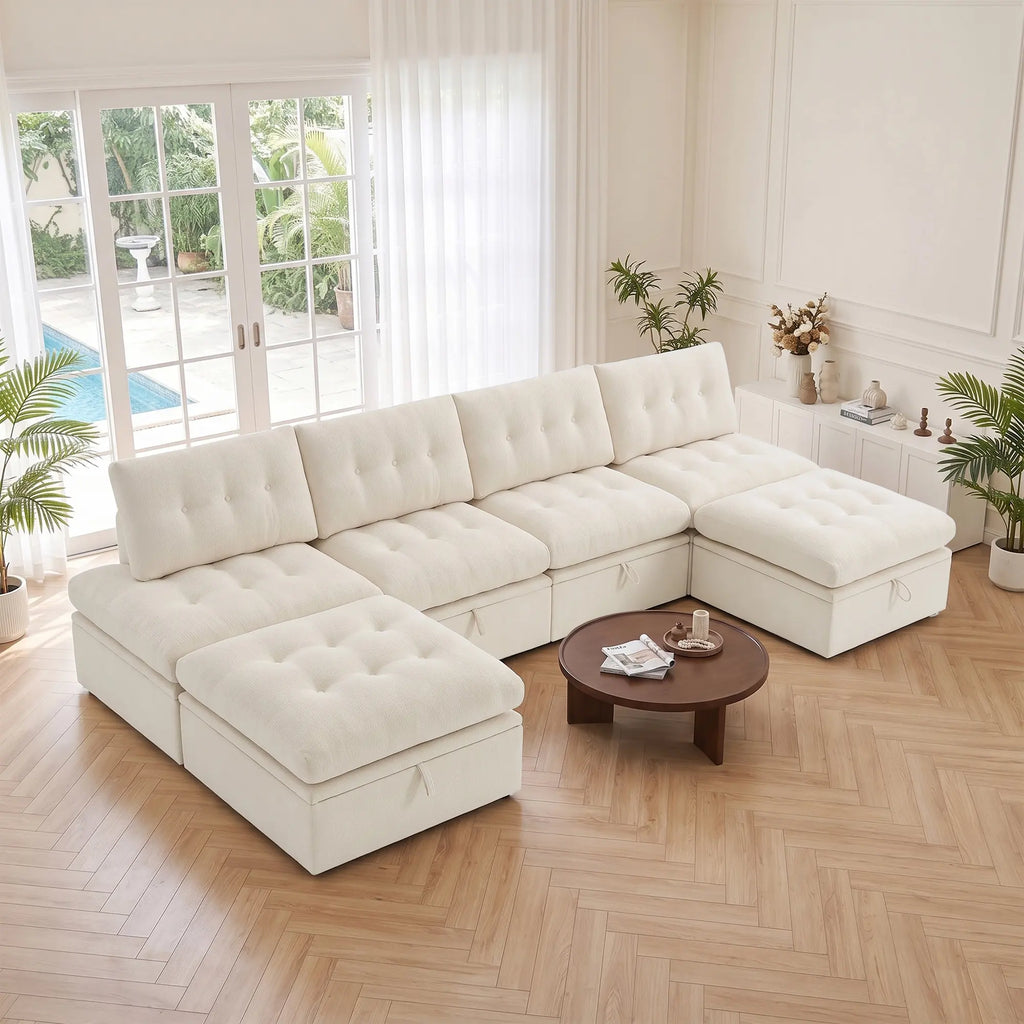 High-angle view showing the full layout of the Korser beige 6-seater modular sectional sofa with backrests and storage ottomans.