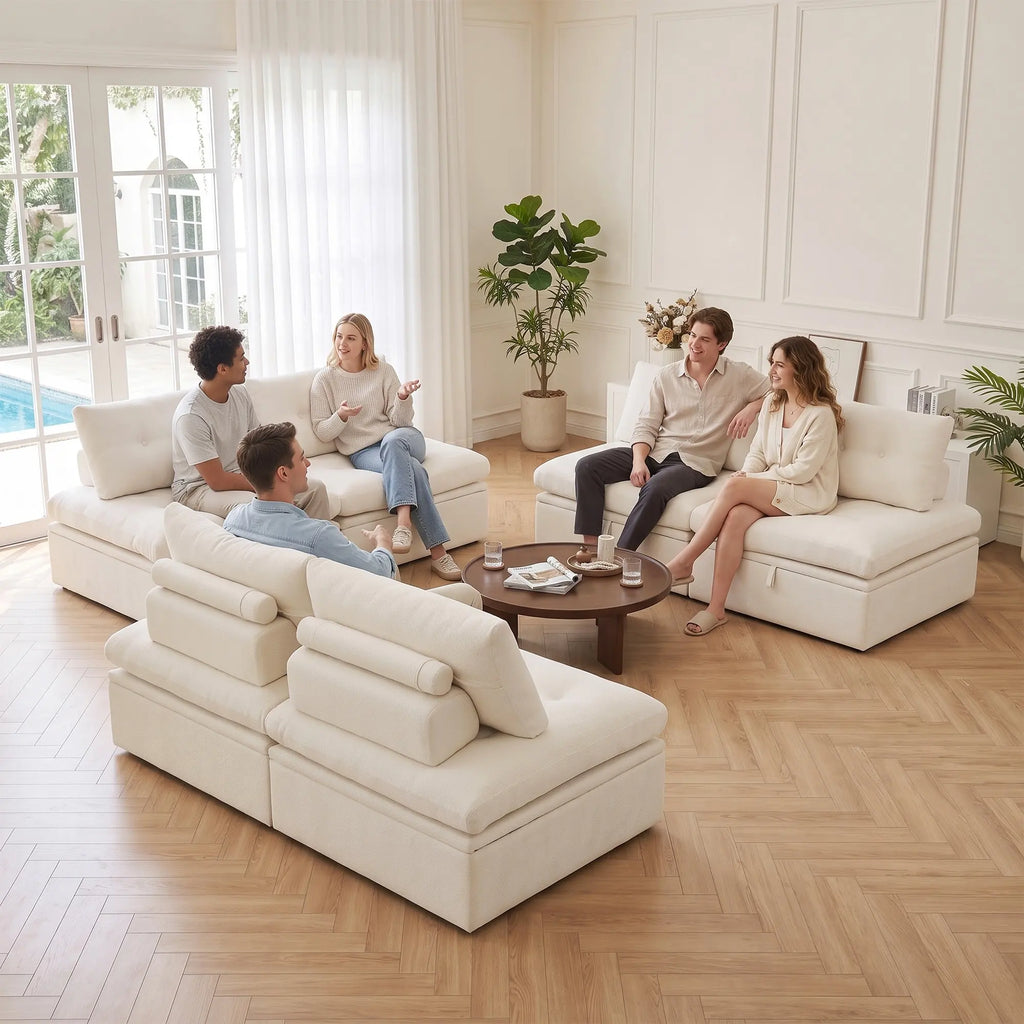 High-angle view of three Korser beige 2-seater modular sofa modules with backrests arranged for conversation.