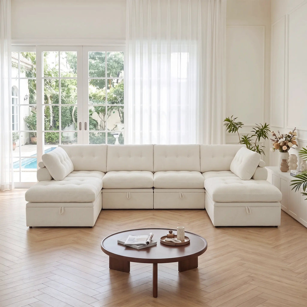 Front straight-on view of the Korser beige 6-seater U-shaped modular storage sectional sofa with backrests.