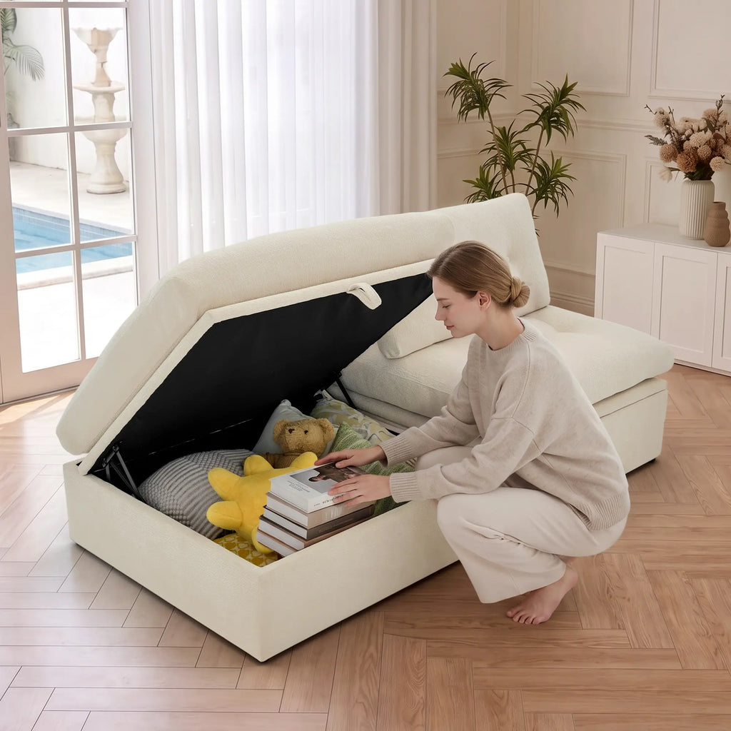 Close-up view showing the under-seat hidden storage function of the Korser modular sofa module.