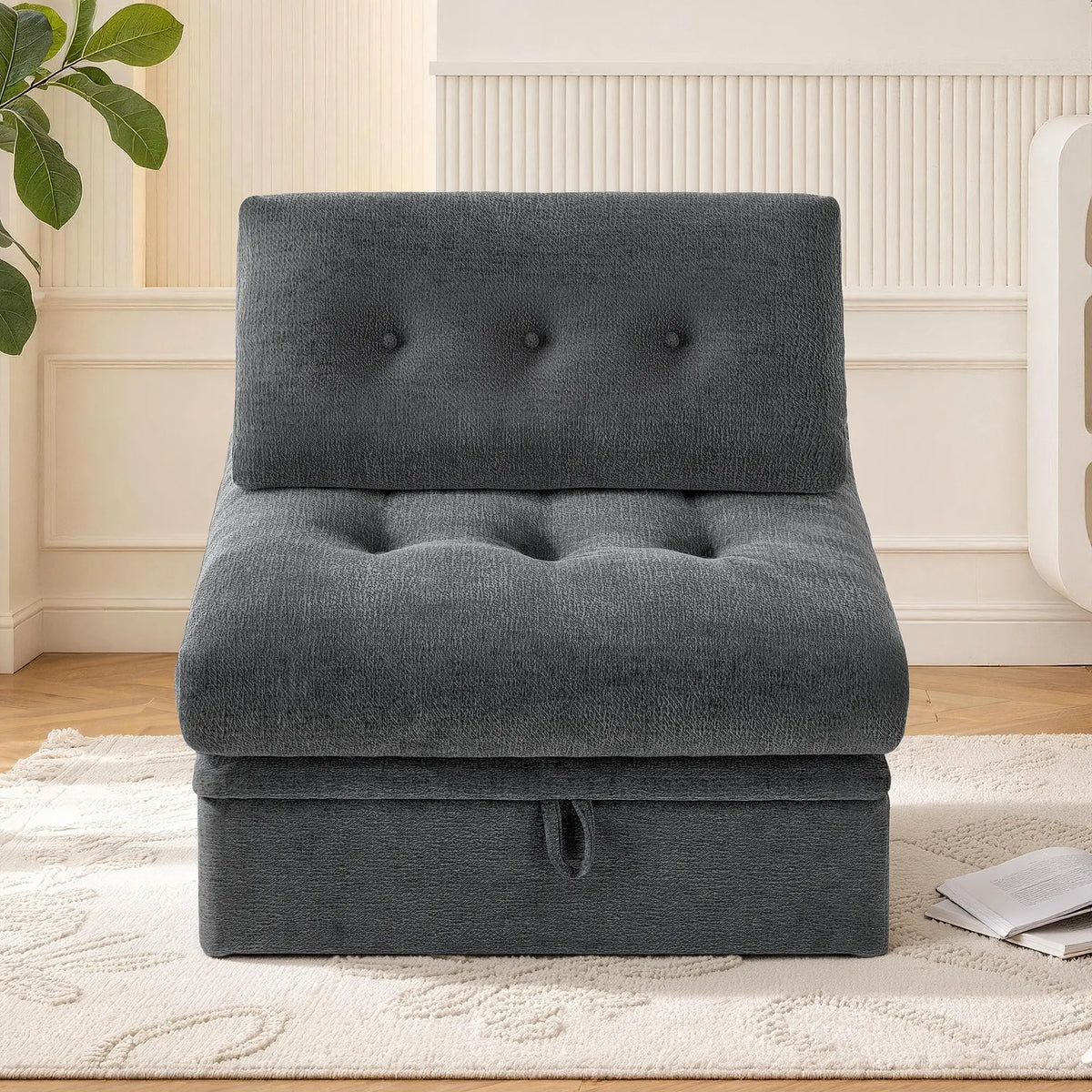 Front straight-on view of the Korser gray 1-seater modular armless single sofa chair with backrest and storage base.