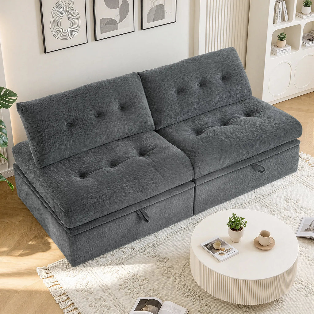 A 3/4 side angle view showing the Korser gray 2-seater modular storage loveseat sofa with backrests.