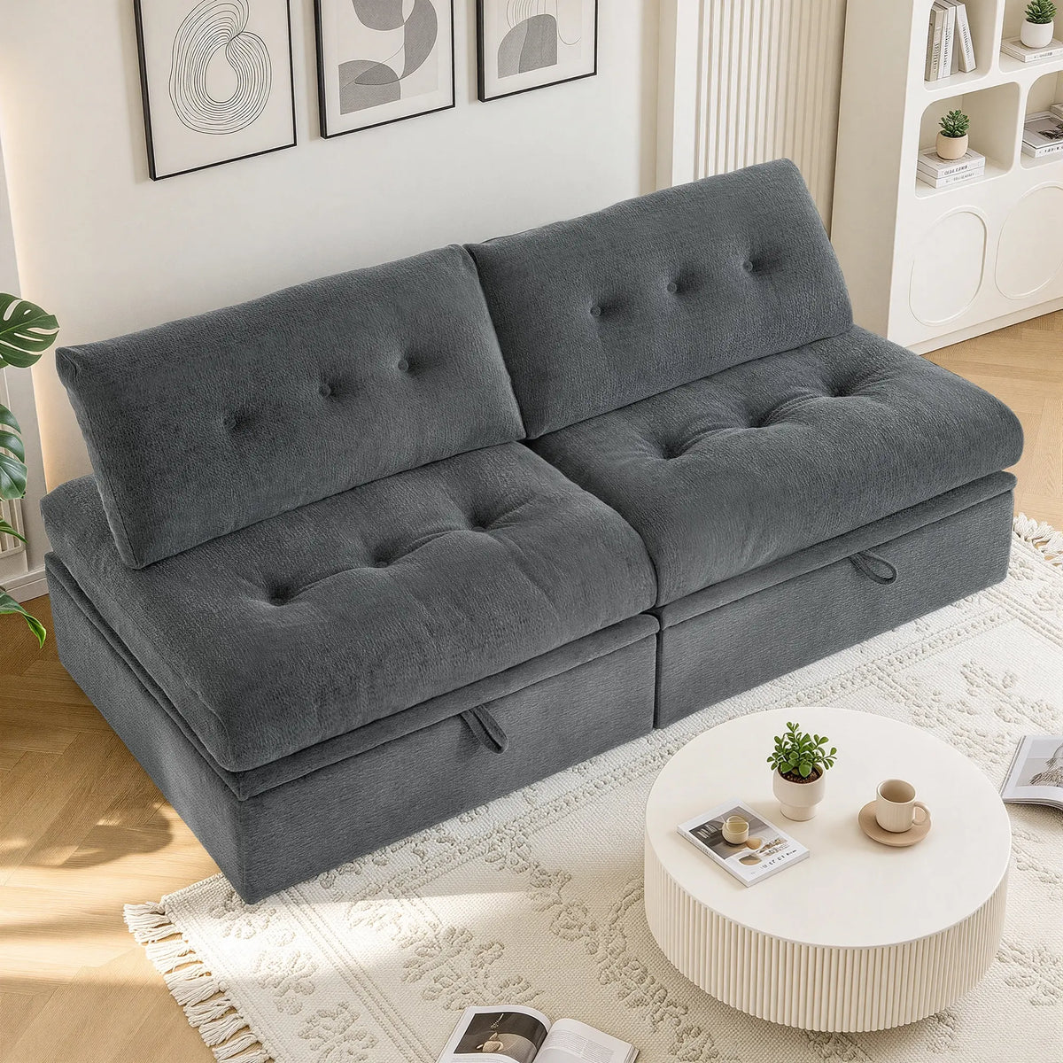 A 3/4 side angle view showing the Korser gray 2-seater modular storage loveseat sofa with backrests.