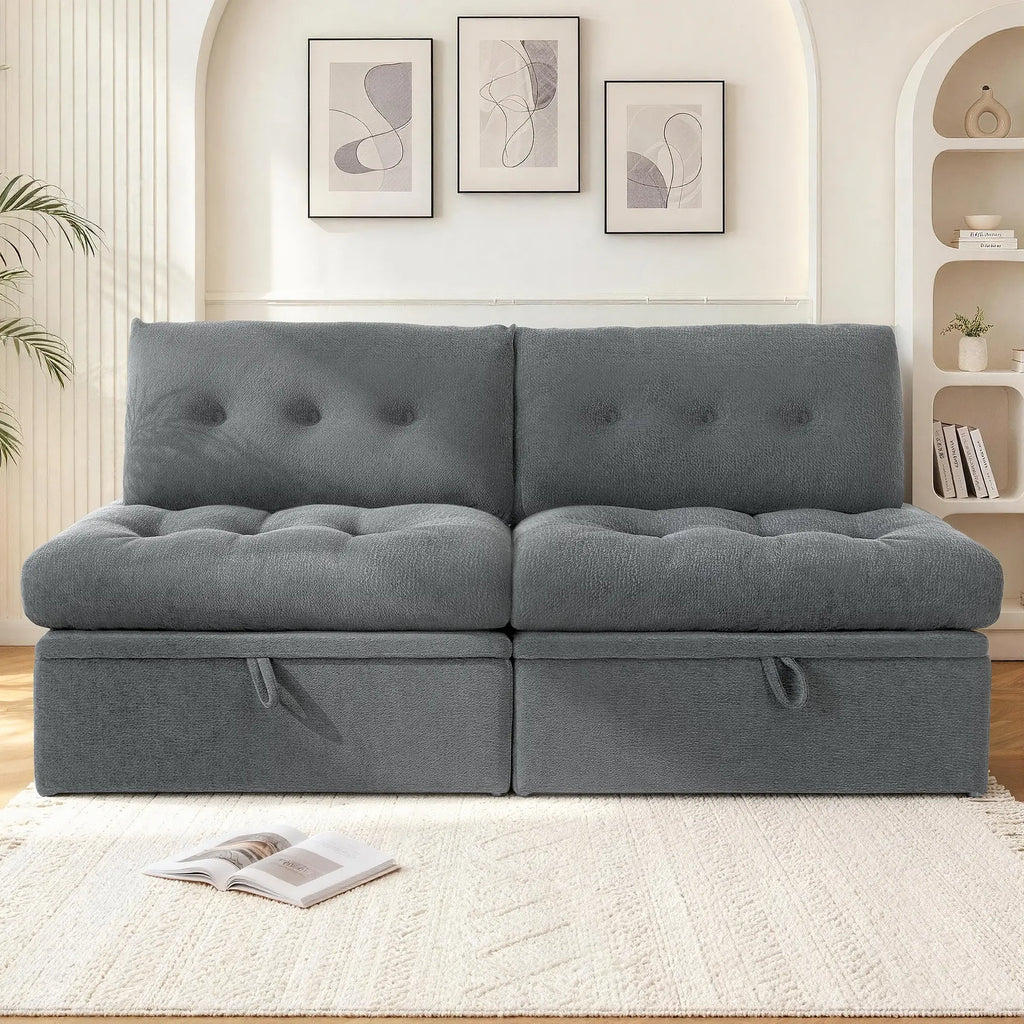 Front straight-on view of the Korser gray 2-seater modular storage loveseat sofa with backrests.