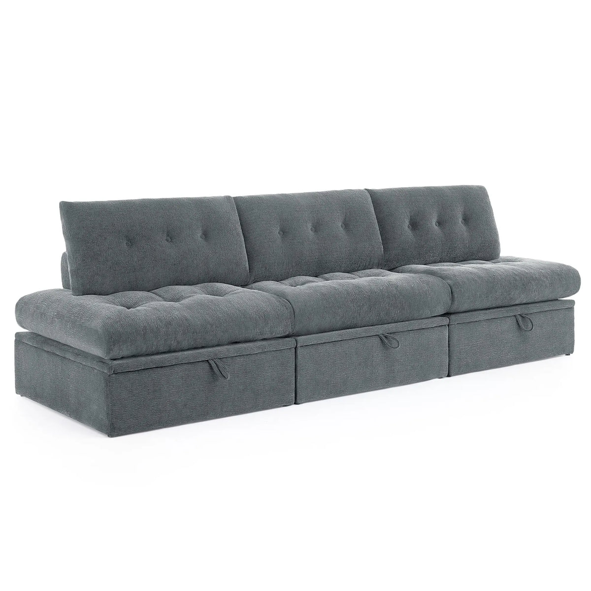 3/4 angle view of the Korser gray 3-seater straight modular storage sofa with backrests on white background.