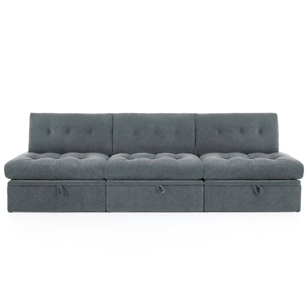 Front straight-on view of the Korser gray 3-seater straight modular storage sofa with backrests on white background.