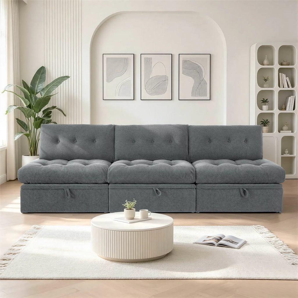 Front straight-on view of the Korser gray 3-seater straight modular storage sofa with backrests in a modern living room.