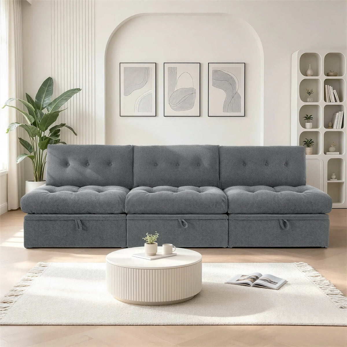 Front straight-on view of the Korser gray 3-seater straight modular storage sofa with backrests in a modern living room.