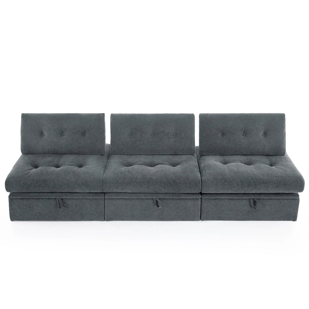 Frontal overhead view showcasing the Korser gray 3-seater straight modular sofa setup with backrests and under-seat storage on white background.