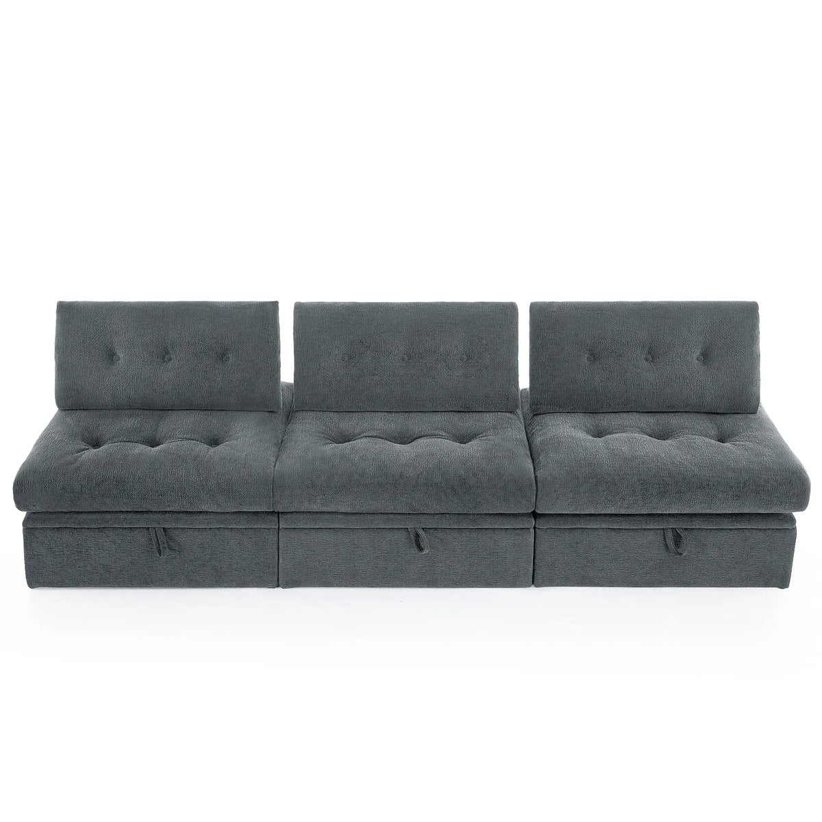 Frontal overhead view showcasing the Korser gray 3-seater straight modular sofa setup with backrests and under-seat storage on white background.