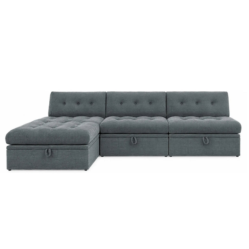 Front straight-on view of the Korser gray 4-seater L-shaped modular storage sectional sofa with backrests on white background.