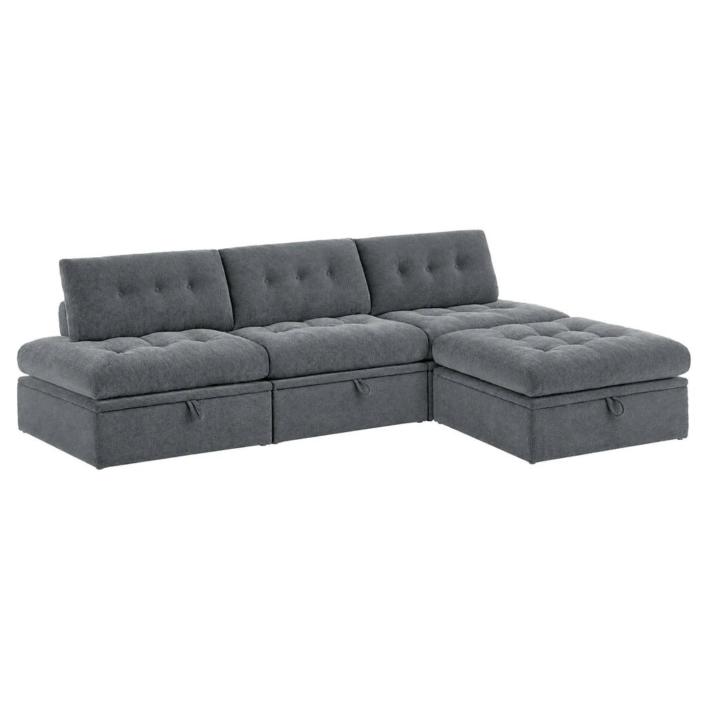 High-angle view of a Korser gray 4-seater L-shaped modular sectional sofa with backrests on white background.