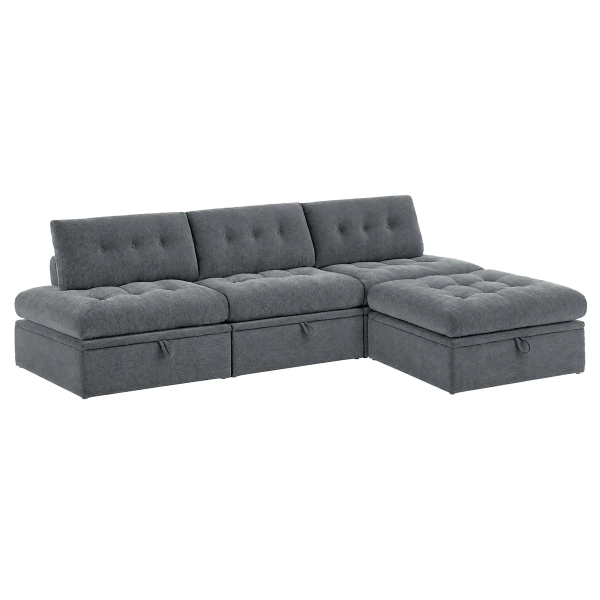 High-angle view of a Korser gray 4-seater L-shaped modular sectional sofa with backrests on white background.