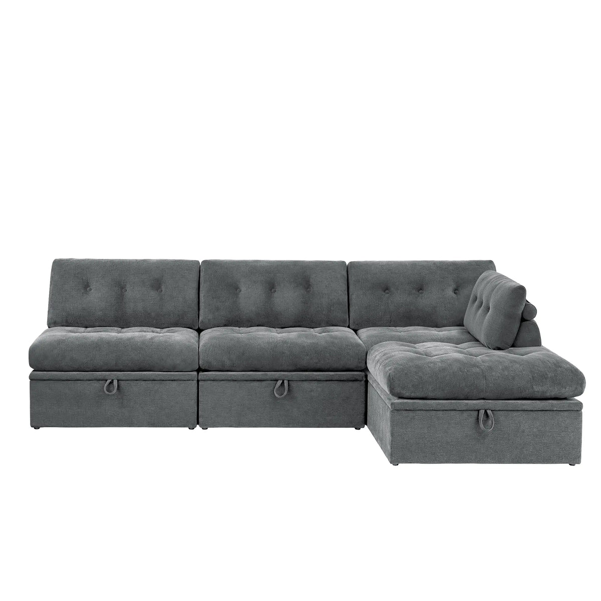 Frontal view showing the full layout of the Korser gray 4-seater modular sectional sofa with backrests and storage ottomans on white background.