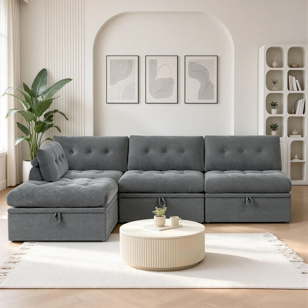 Frontal view showing the full layout of the Korser gray 4-seater modular sectional sofa with backrests and storage ottomans for living room.