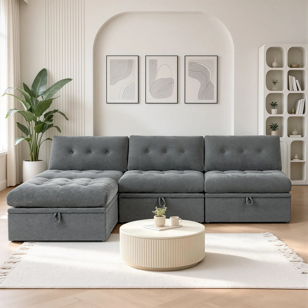 Front straight-on view of the Korser gray 4-seater straight modular storage sofa with backrests.