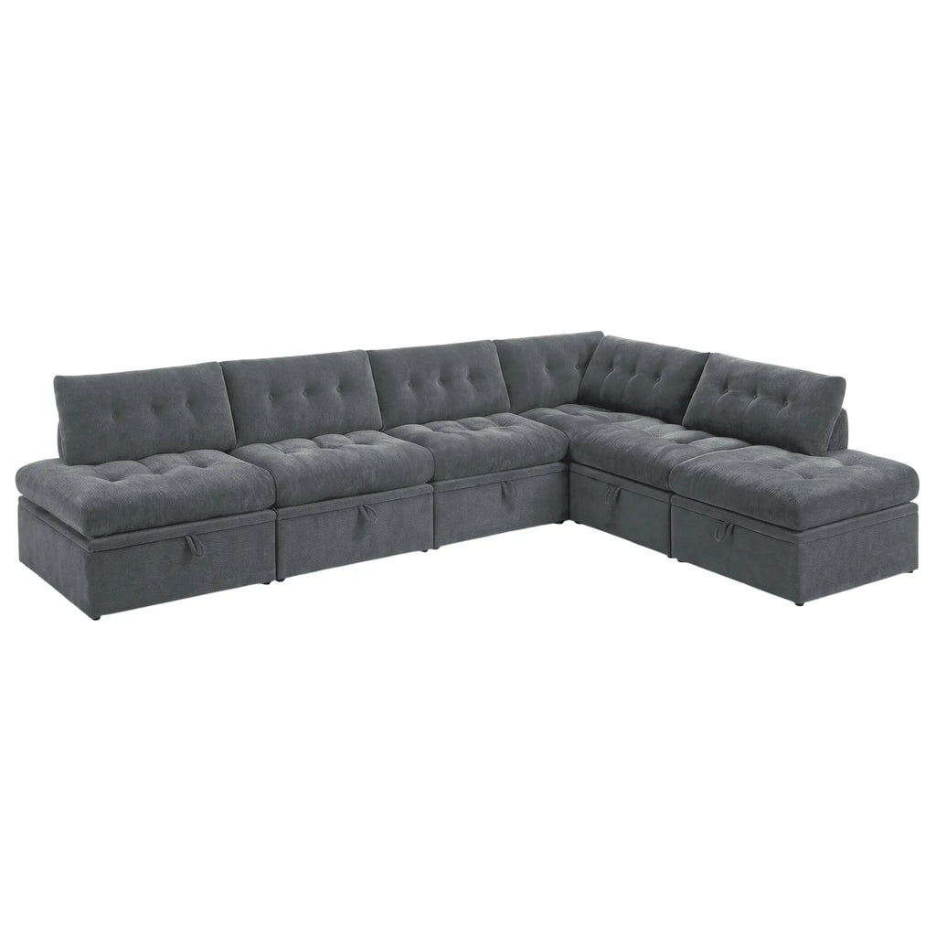 High-angle view of a Korser gray 6-seater L-shaped modular sectional storage sofa with backrests on white background.