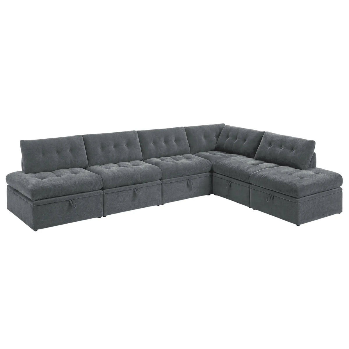 High-angle view of a Korser gray 6-seater L-shaped modular sectional storage sofa with backrests on white background.