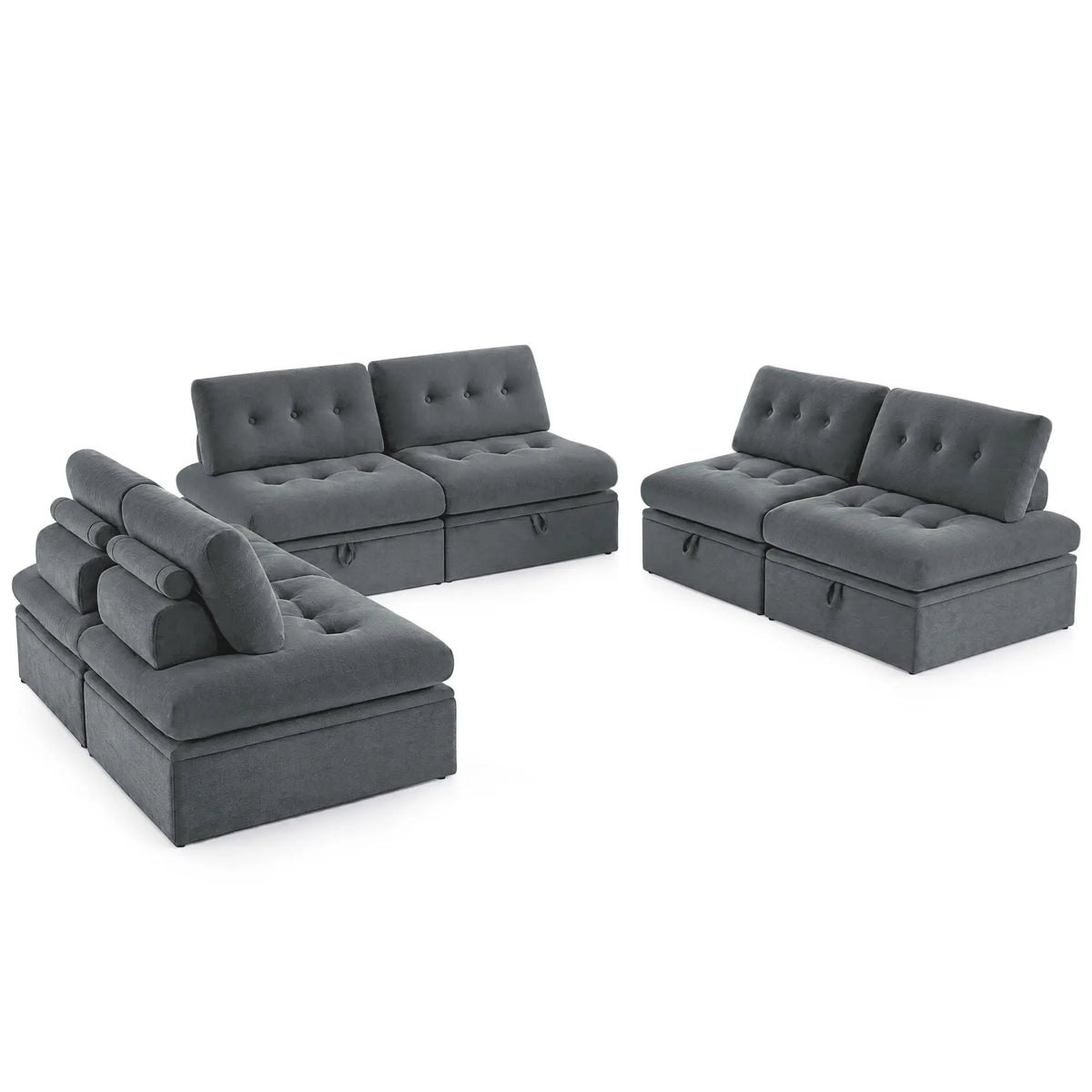 High-angle view of three Korser gray 2-seater modular sofa modules with backrests arranged separately on white background.