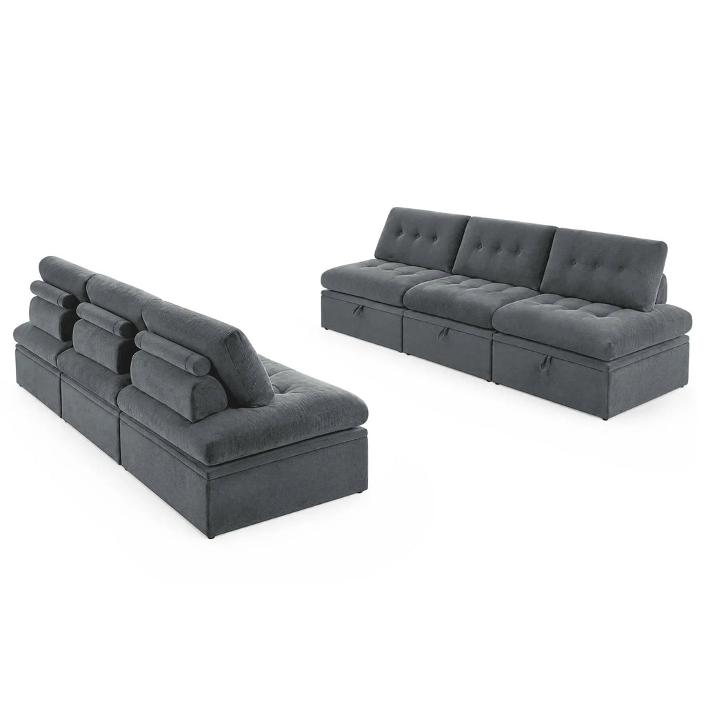 High-angle view of two Korser gray 3-seater modular sofa modules with backrests facing each other on white background.