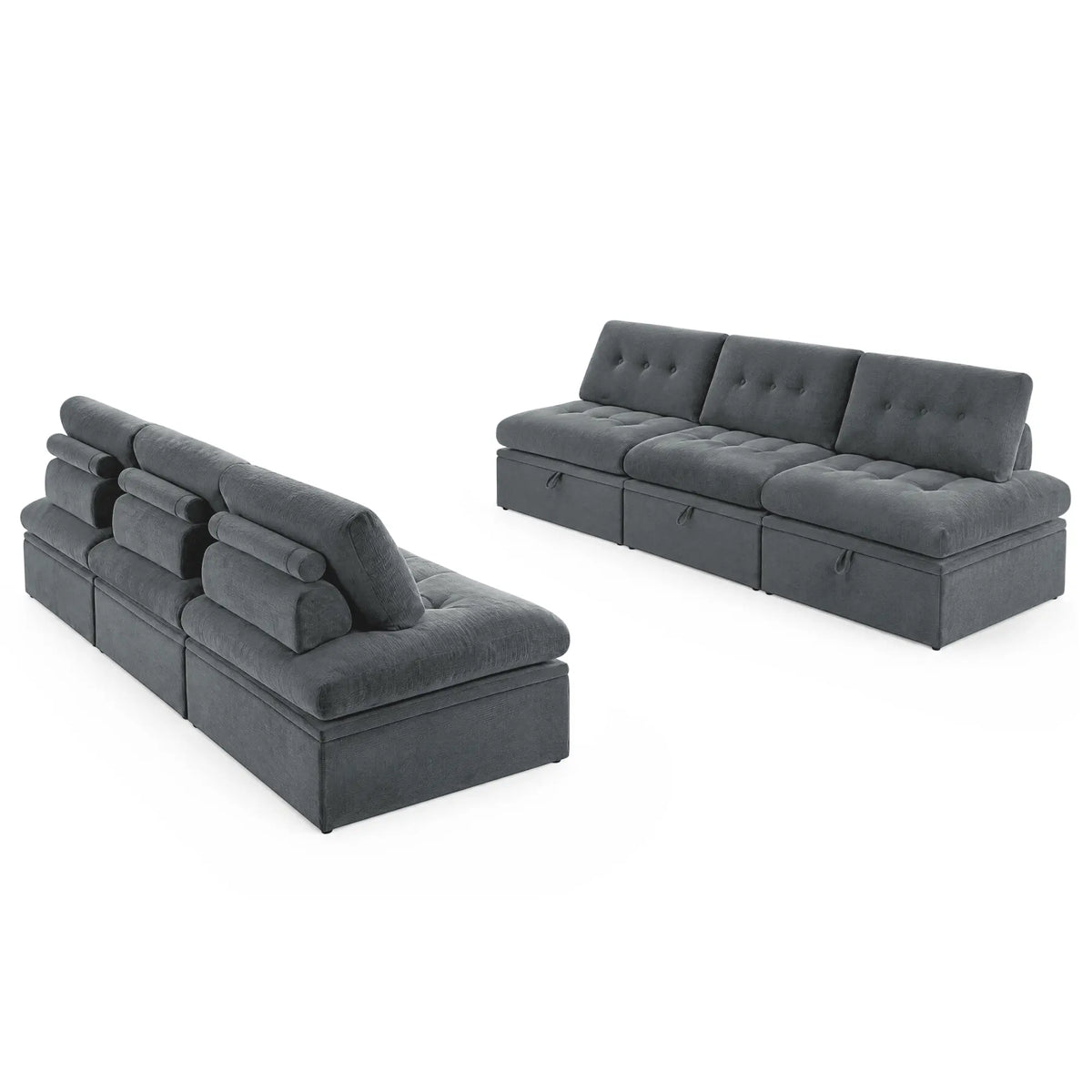 High-angle view of two Korser gray 3-seater modular sofa modules with backrests facing each other on white background.