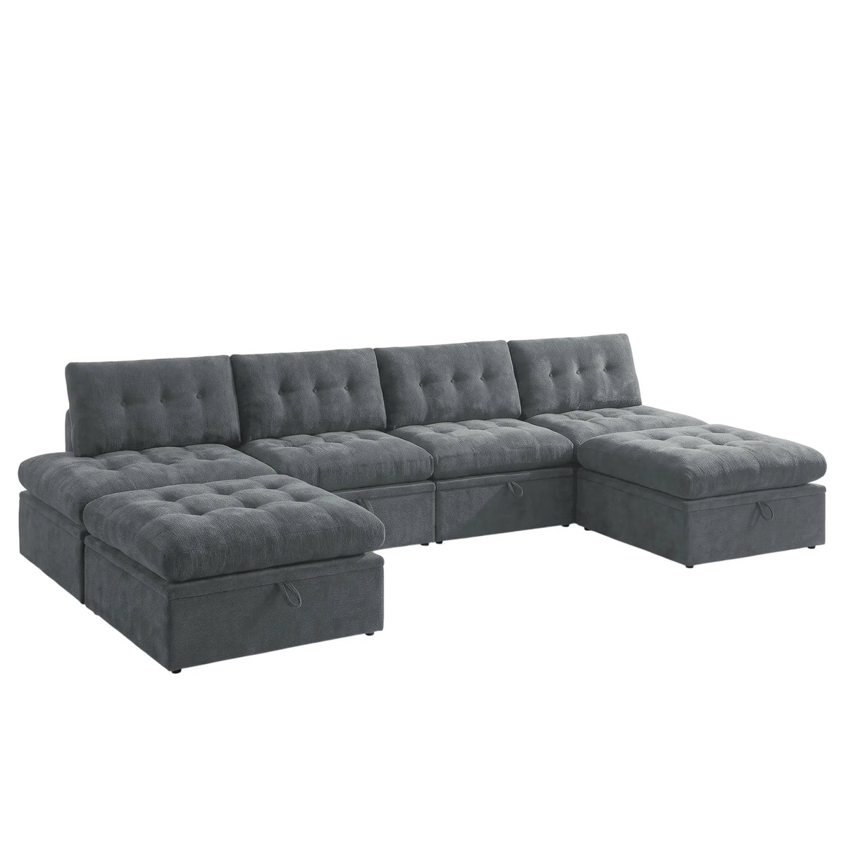 3/4 angle view of a Korser gray 6-seater U-shaped modular storage sectional sofa with backrests on white background.