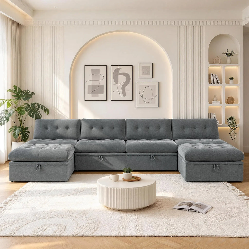Front straight-on view of the Korser gray 6-seater U-shaped modular storage sectional sofa with backrests for living room.