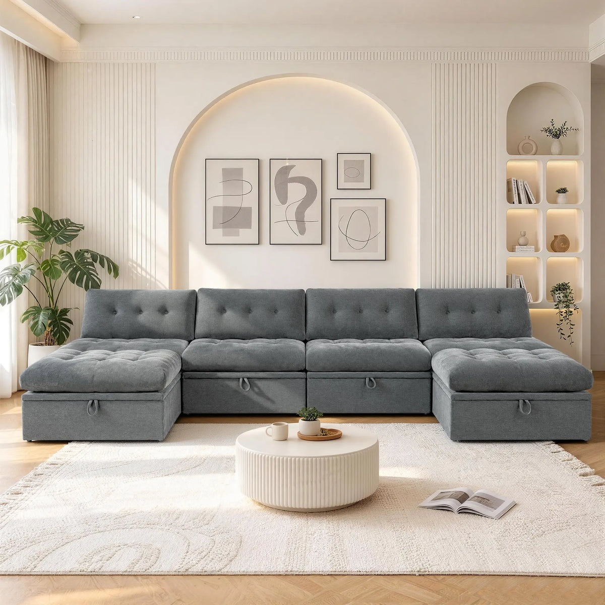 Front straight-on view of the Korser gray 6-seater U-shaped modular storage sectional sofa with backrests for living room.
