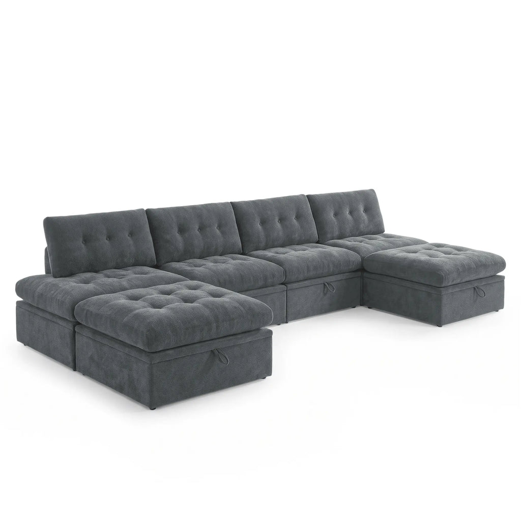 High-angle view of a Korser gray 6-seater U-shaped modular storage sectional sofa with backrests and ottoman on white background.