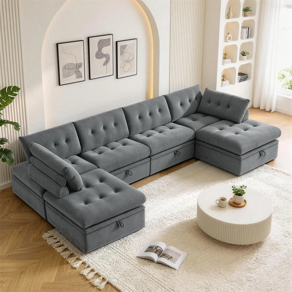 High-angle view of a Korser gray 6-seater U-shaped modular storage sectional sofa with backrests and ottoman for living room.