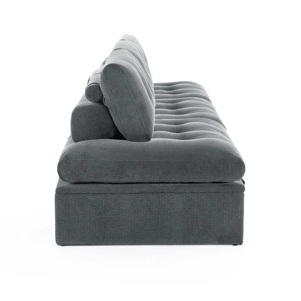 Side profile view showing the depth and backrest angle of the Korser gray modular storage sofa on white background.