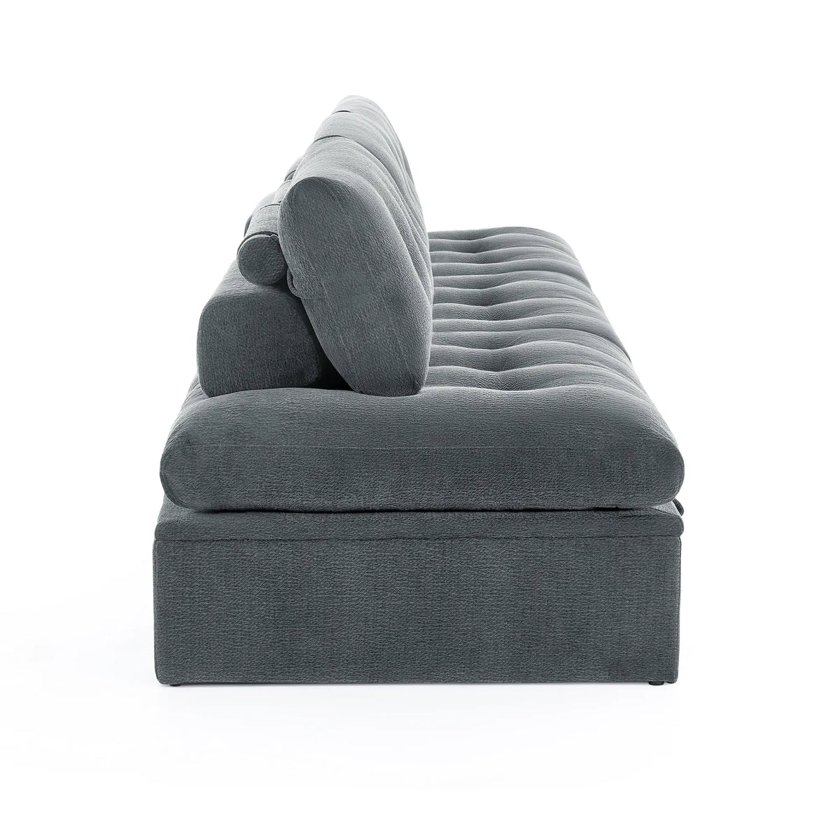 Side profile view showing the depth and backrest angle of the Korser gray modular storage sofa on white background.