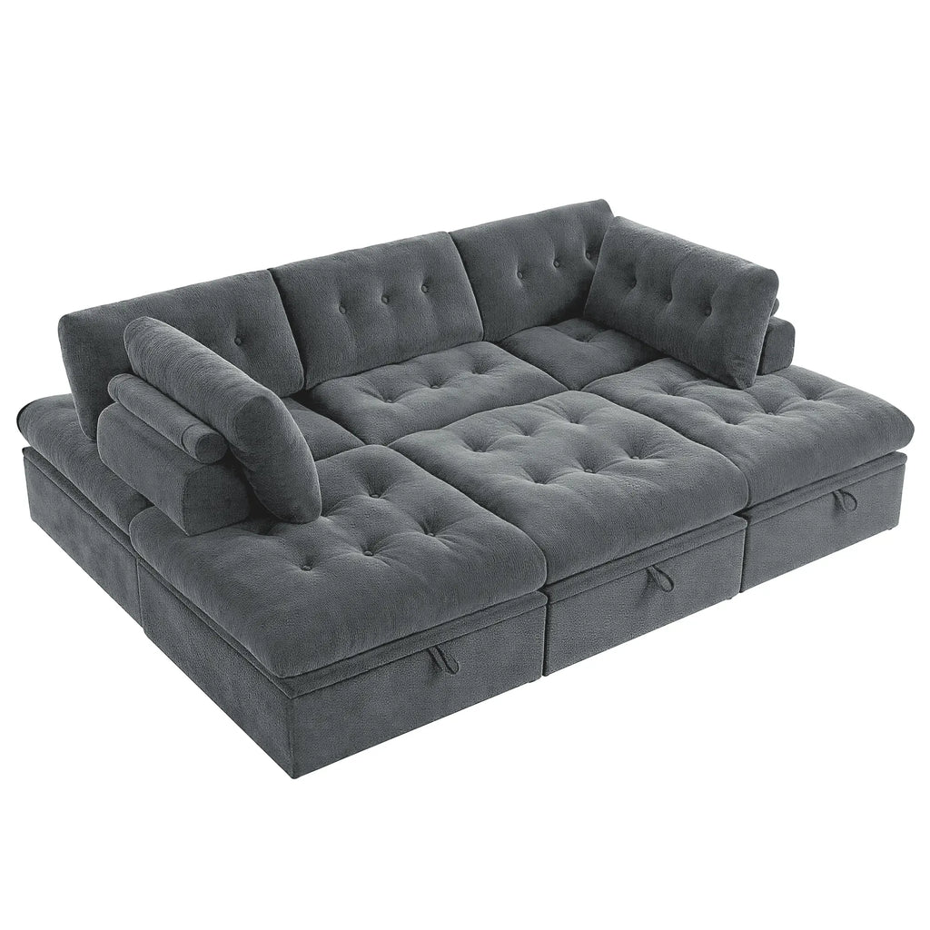Korser grey 6-seater U-shaped sectional sofa with cylindrical pillows and storage handles, shown from an angled view.