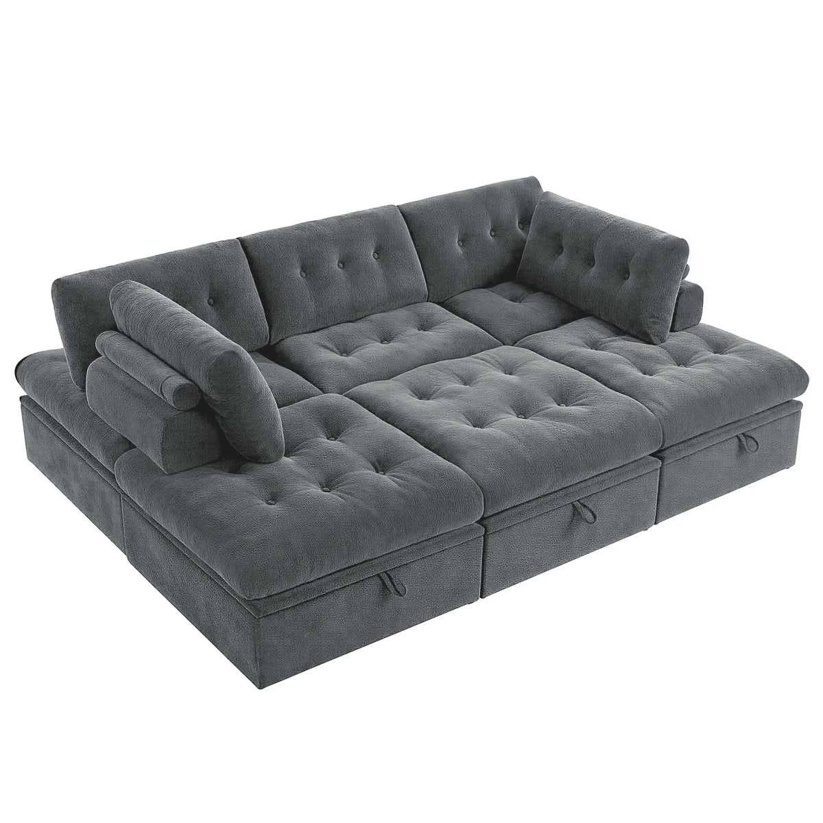 Korser grey 6-seater U-shaped sectional sofa with cylindrical pillows and storage handles, shown from an angled view.