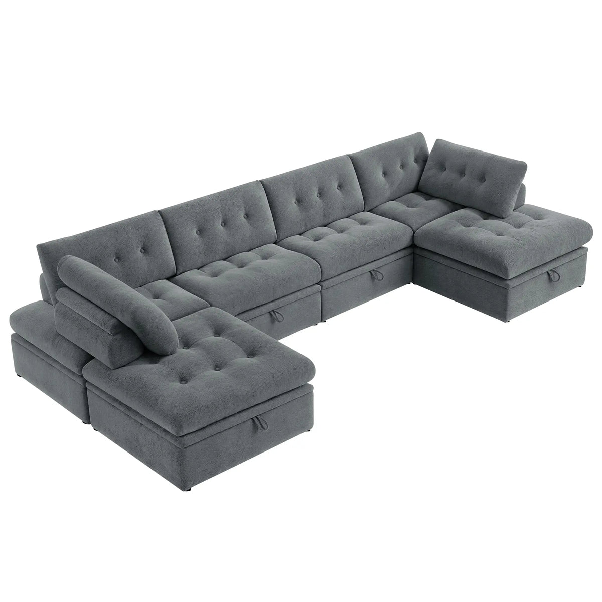 Korser grey 6-seater U-shaped sectional sofa shown from an angled view, highlighting the modular structure and storage handles.