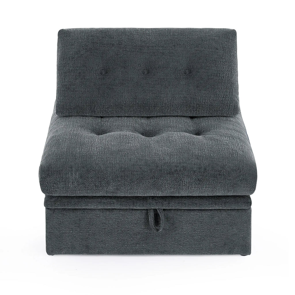Korser grey fabric single-seater sofa module shown from the front, featuring tufted cushions and a storage handle.