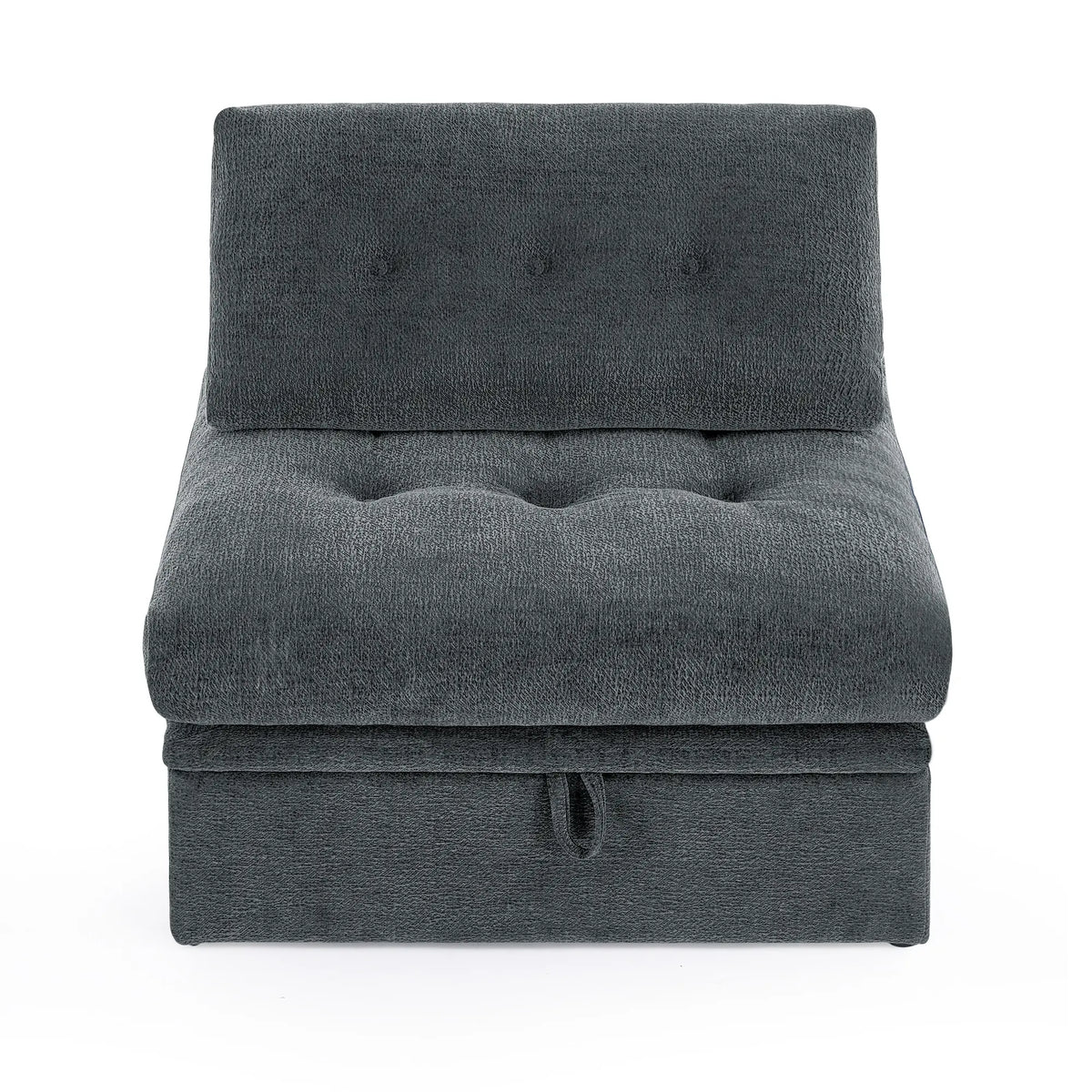 Korser grey fabric single-seater sofa module shown from the front, featuring tufted cushions and a storage handle.