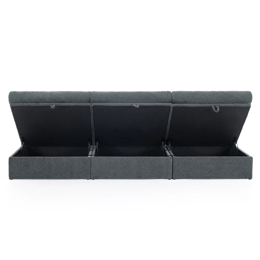 Korser grey fabric sofa with the storage compartment open, revealing the spacious interior and metal hinges.