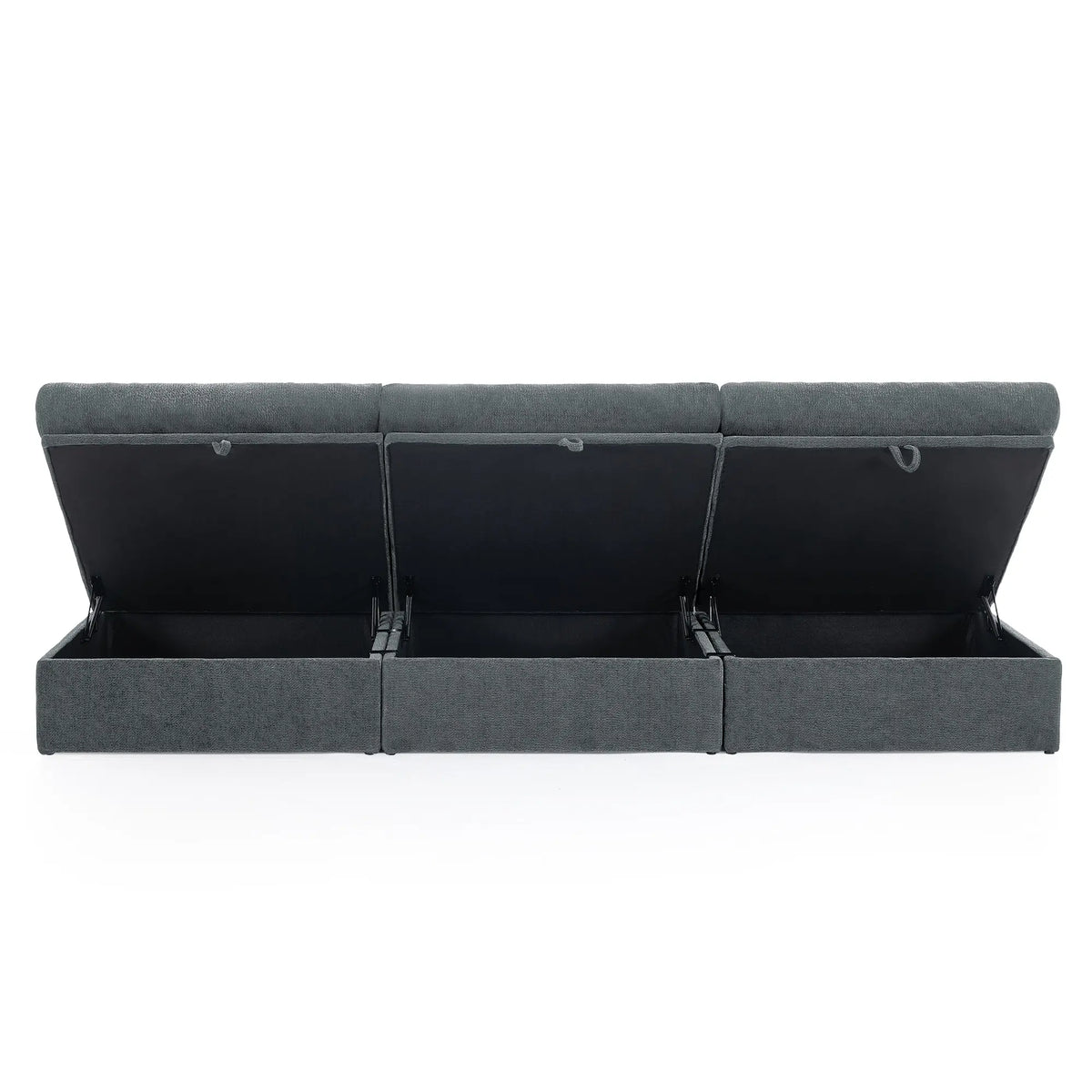 Korser grey fabric sofa with the storage compartment open, revealing the spacious interior and metal hinges.