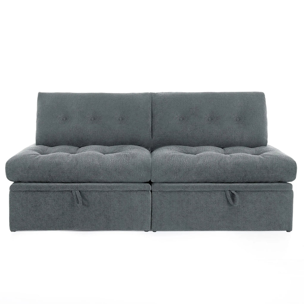 Close-up detail of the Korser grey fabric sofa, highlighting the tufted button design and textured fabric.
