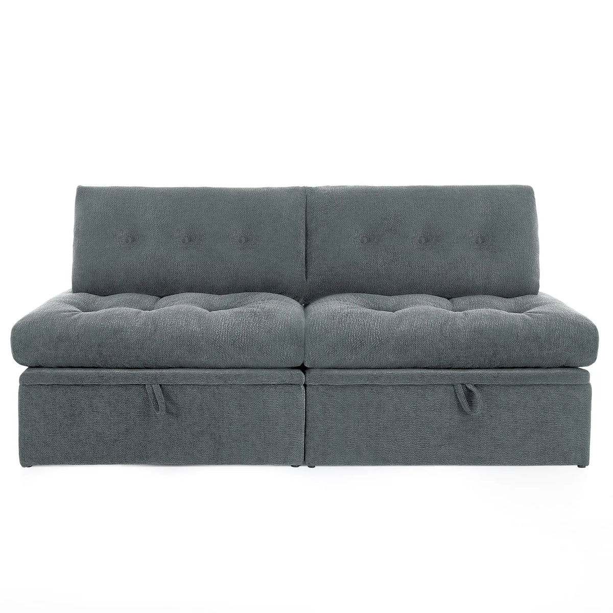 Close-up detail of the Korser grey fabric sofa, highlighting the tufted button design and textured fabric.