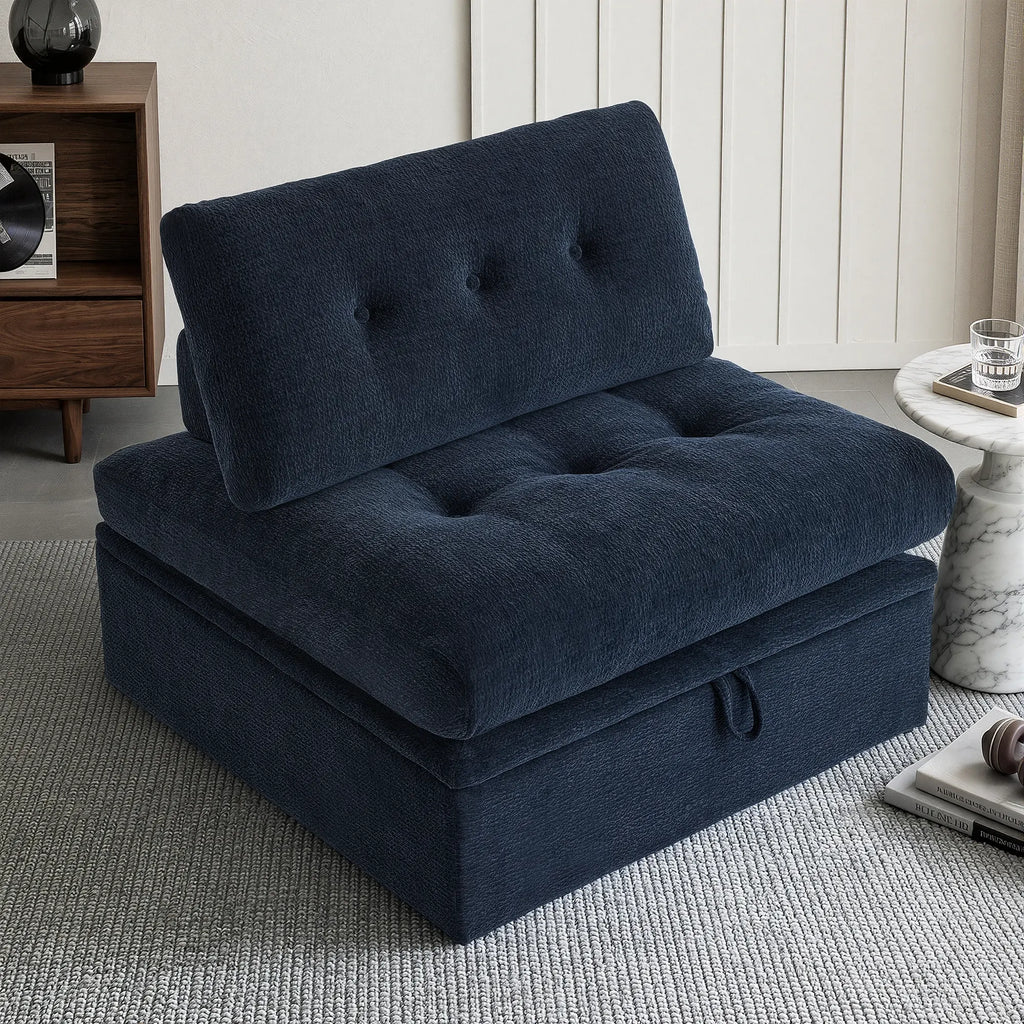 A 3/4 side angle view showing the Korser navy blue 1-seater modular armless single sofa chair with backrest and storage.