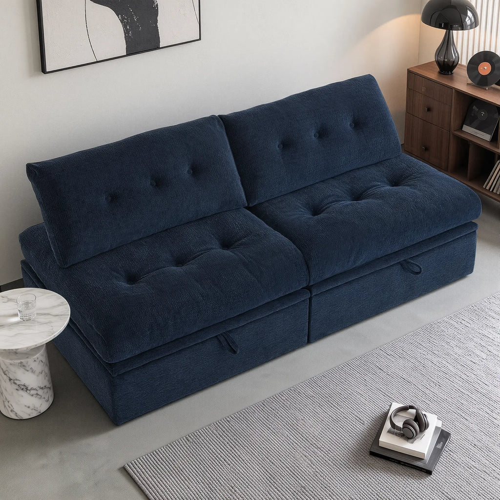A 3/4 side angle view showing the Korser navy blue 2-seater modular storage loveseat sofa with backrests.